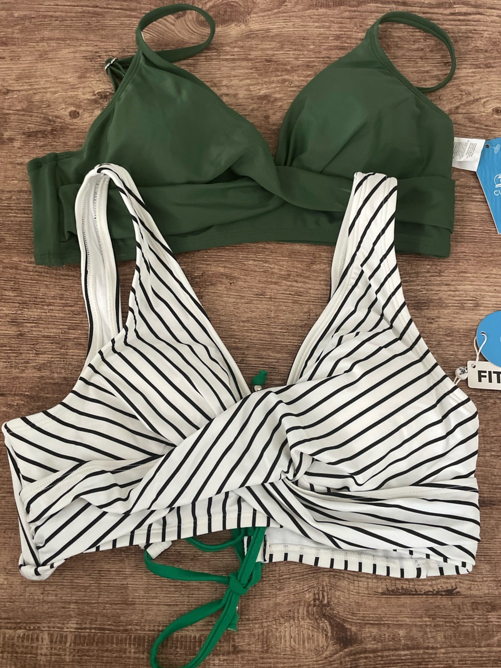 NWT Cupshe Olive Green and Striped Twist Front Bikini Top Size Medium